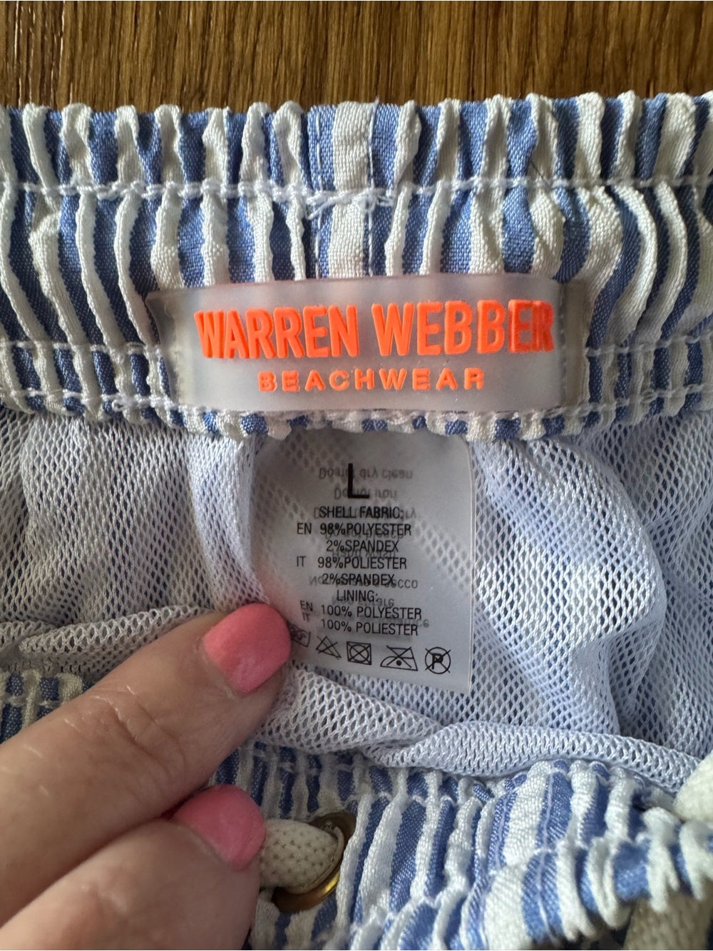 Warren Webber Blue & White Seersucker Swimsuit Mens L w/ Lemon Embroidery Beach - Picture 2 of 9
